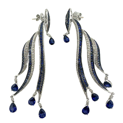18K White Gold Diamond and Pear Cut Sapphire Flowing Casade Earrings
