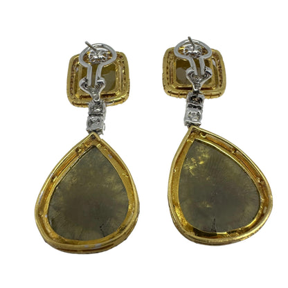 18K Yellow Gold White and Natural Rough Cut Greenish-Yellow Diamond Earrings