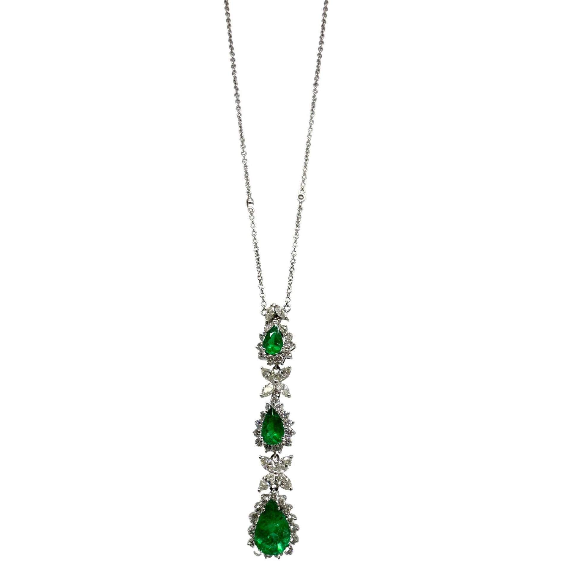 18K White Gold Marquise Cut Diamond and Pear Cut Emerald Necklace