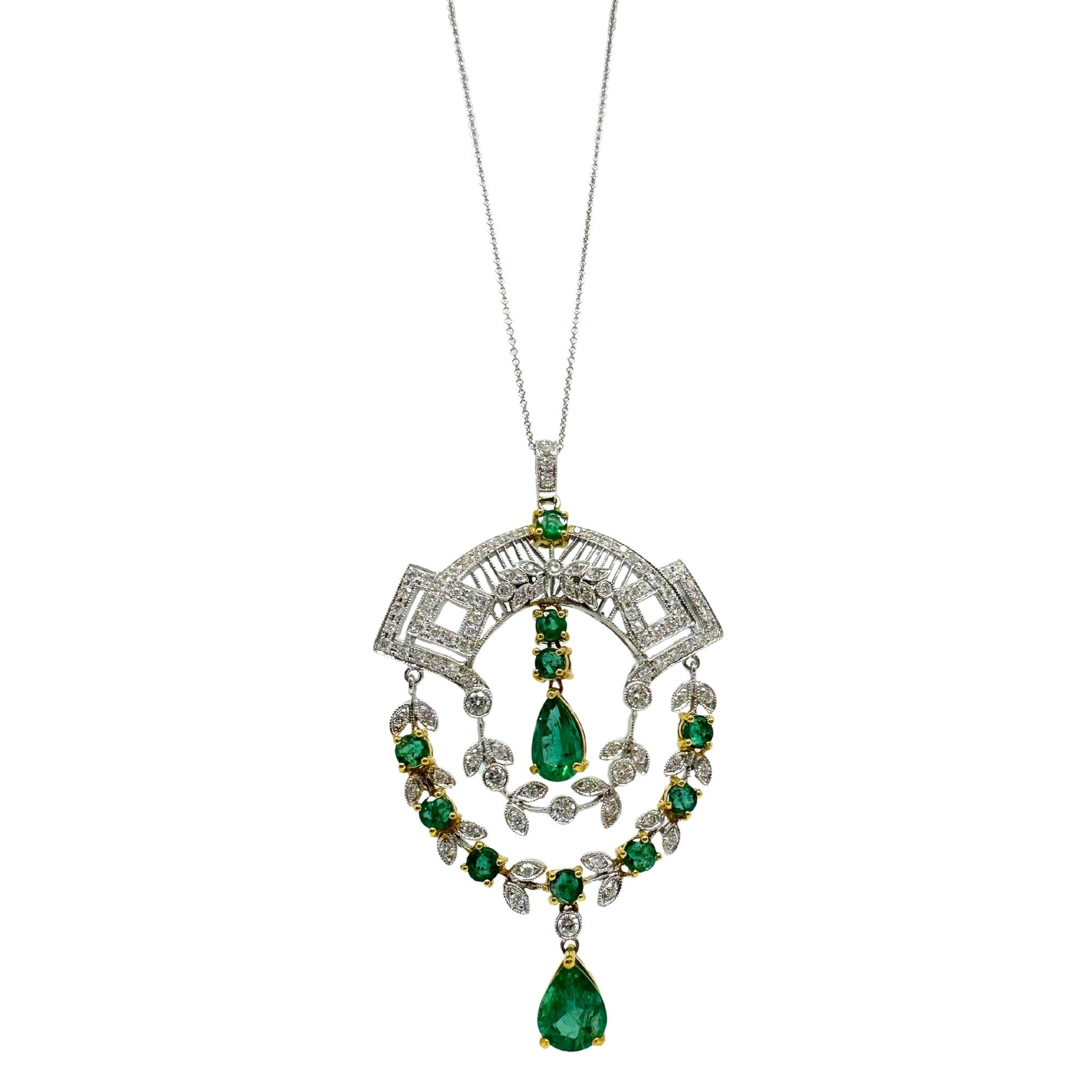 18K Two Tone Diamond and Emerald Pendant Necklace