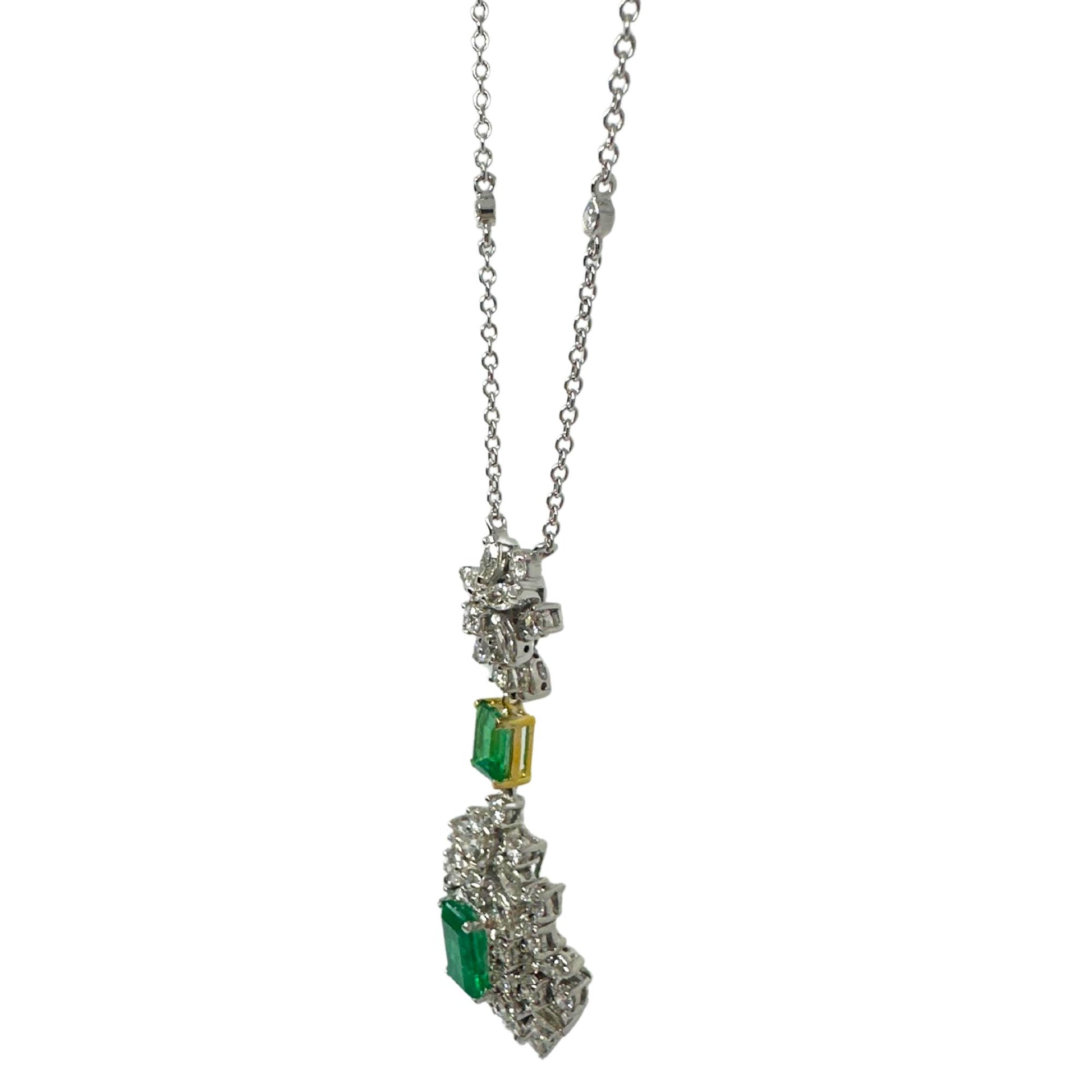 18K Two Tone Diamond and Emerald Pendant Necklace
