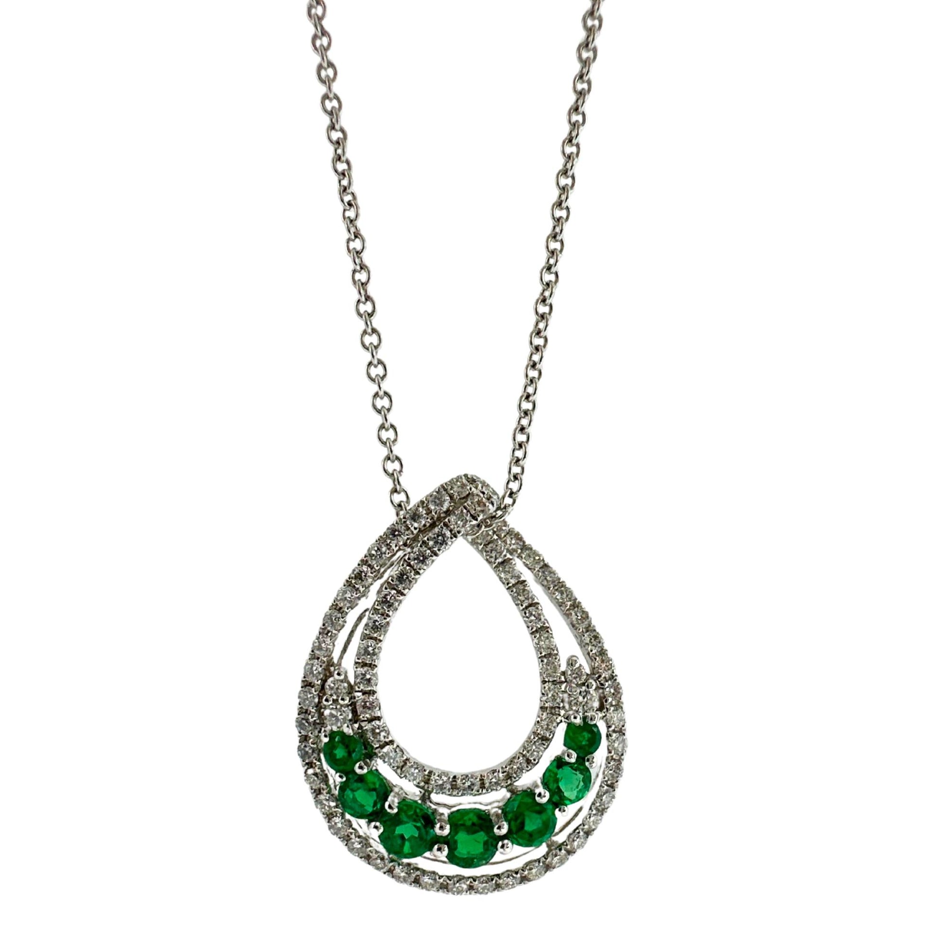 18k White Gold Diamond and Emerald Pendant Necklace