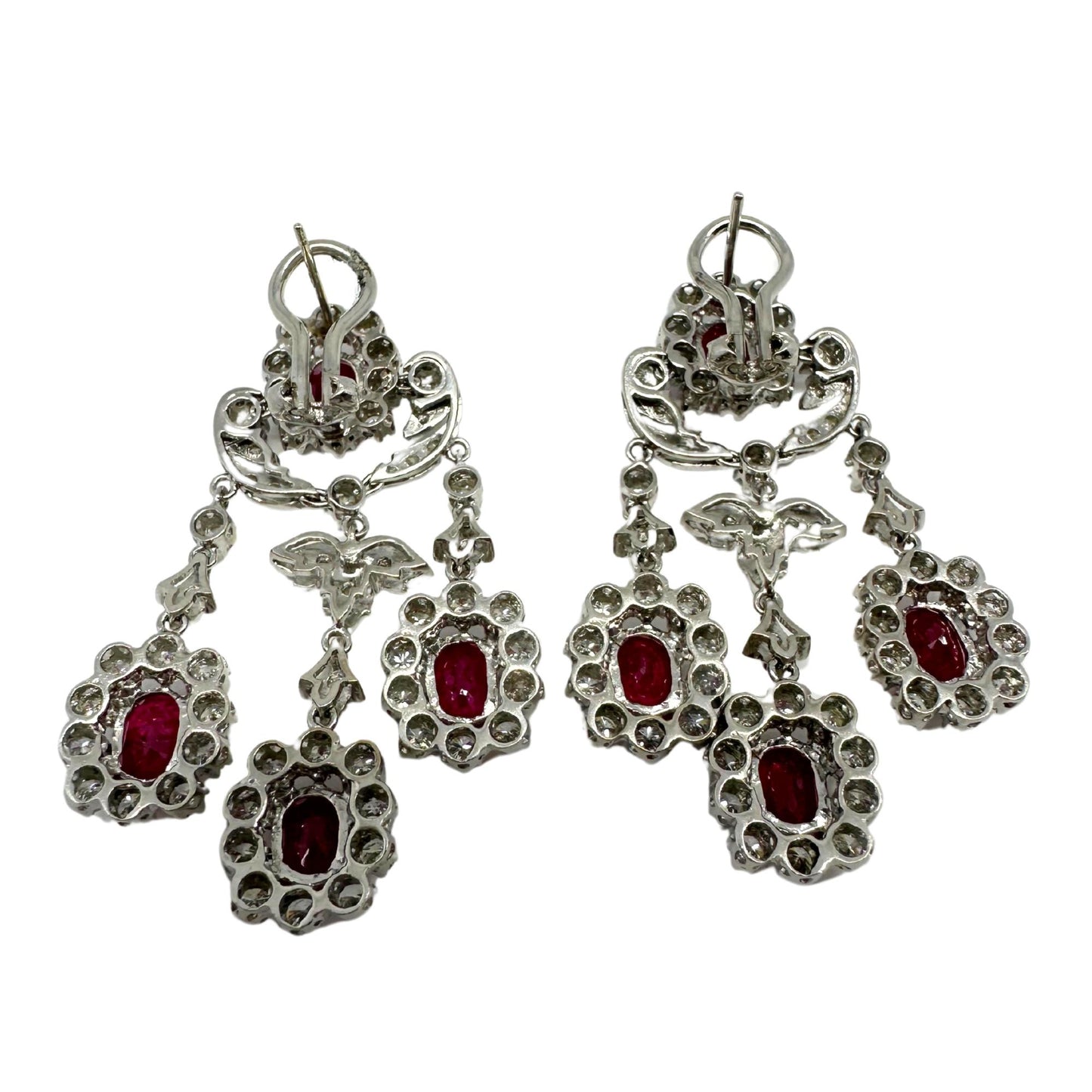 18K White Gold 7.88 Carat Oval Cut Ruby and Diamond Drop Earrings