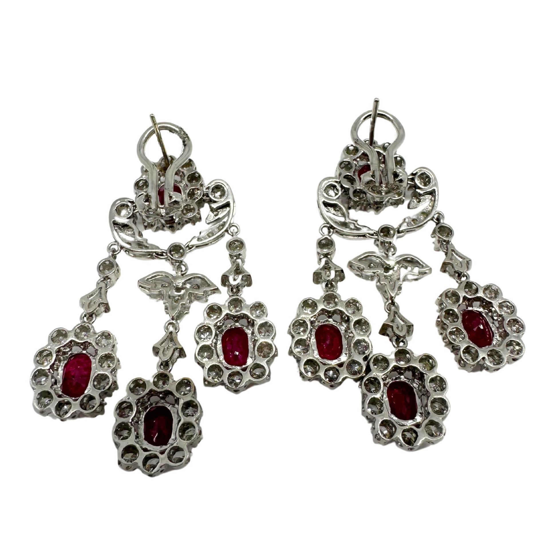18K White Gold 7.88 Carat Oval Cut Ruby and Diamond Drop Earrings