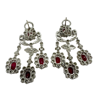 18K White Gold 7.88 Carat Oval Cut Ruby and Diamond Drop Earrings