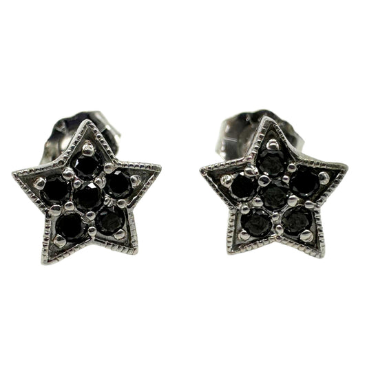 18K White Gold Black Diamond Star Studs with 14K White Gold Backing