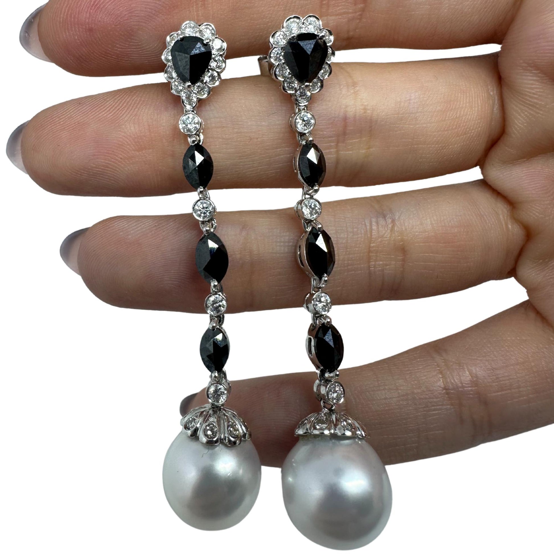 18K White Gold Marquise and Pear Cut Black and White Diamond Drop Earrings