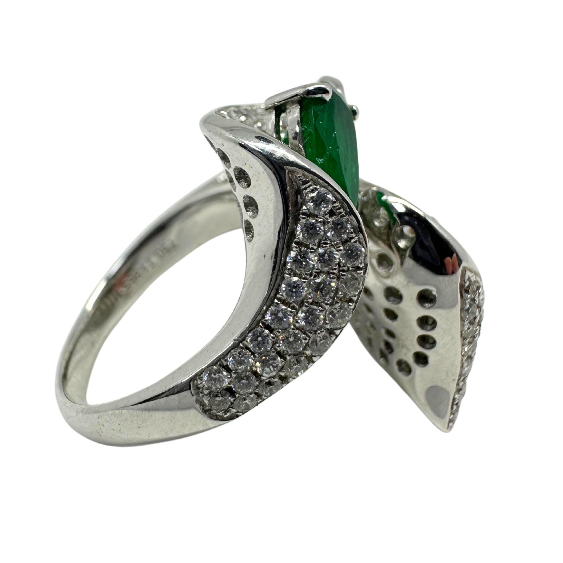 18K White Gold Leaf Toi et Moi Emerald and Diamond Ring