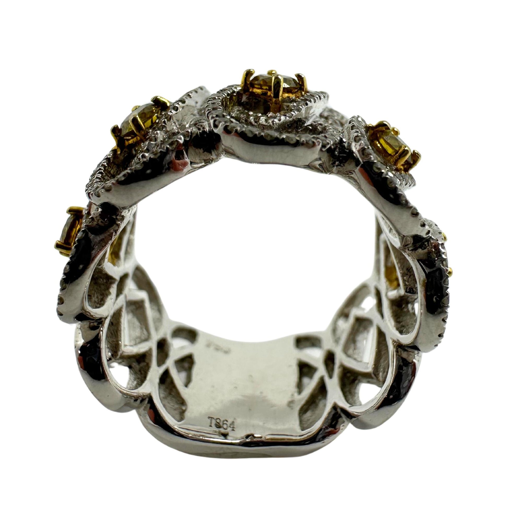 18K White Gold White and Yellow Diamond Wide Band Ring