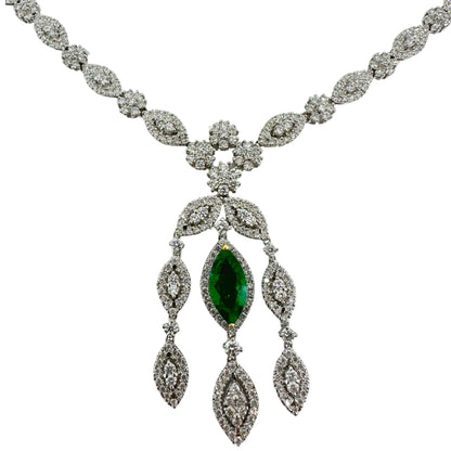 18K White Gold Diamond and Marquise Cut Emerald Drop Necklace
