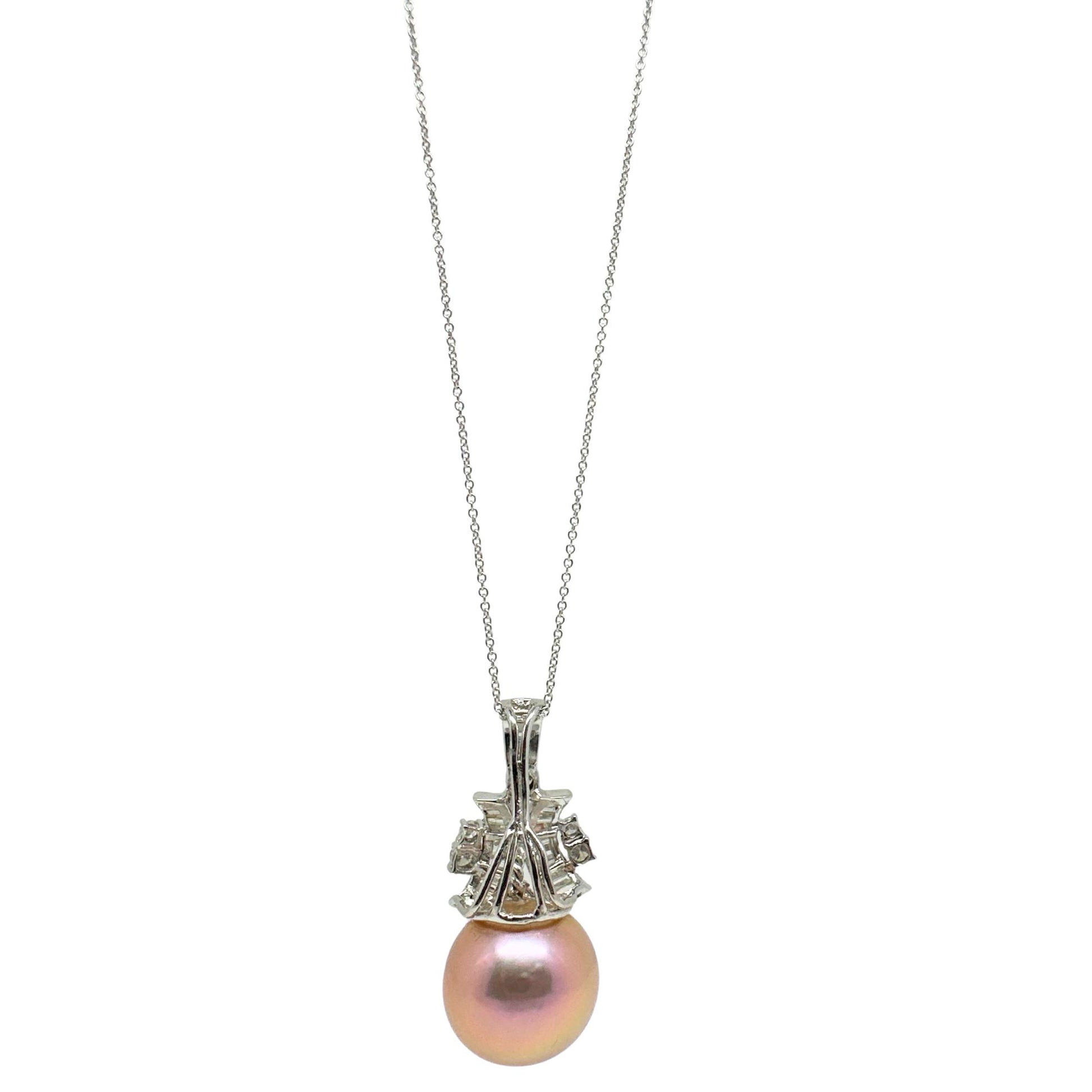 18K White Gold .65ct Diamond and Pink Pearl Pendant Necklace