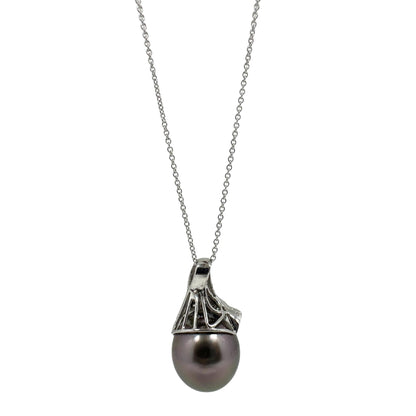 18K White Gold Diamond & Pearl Pendant Necklace – 18" Chain, 0.27ct Diamonds