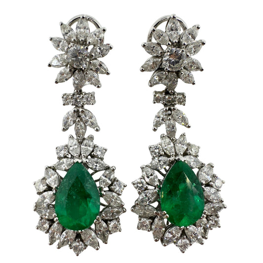 18K White Gold Marquise Cut Diamond and Pear Cut Emerald Drop Earrings