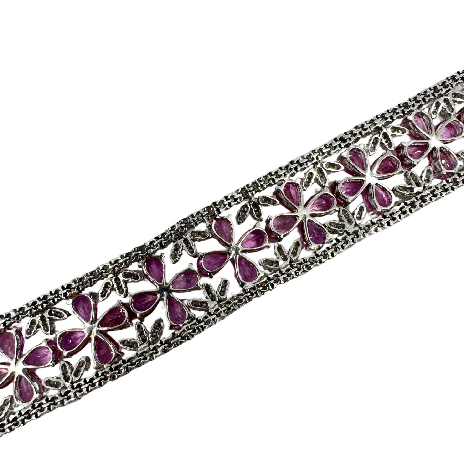18K White Gold Diamond and Pear Cut Pink Sapphire Flower Bracelet - 7.25 inches