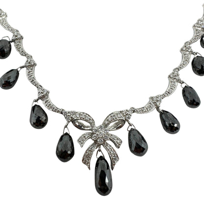 18K White Gold White Diamond and Briolette Black Diamond Bow Necklace