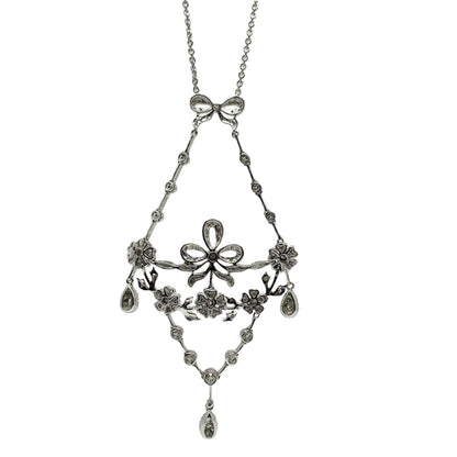 18K White Gold Diamond Bow and Floral Necklace