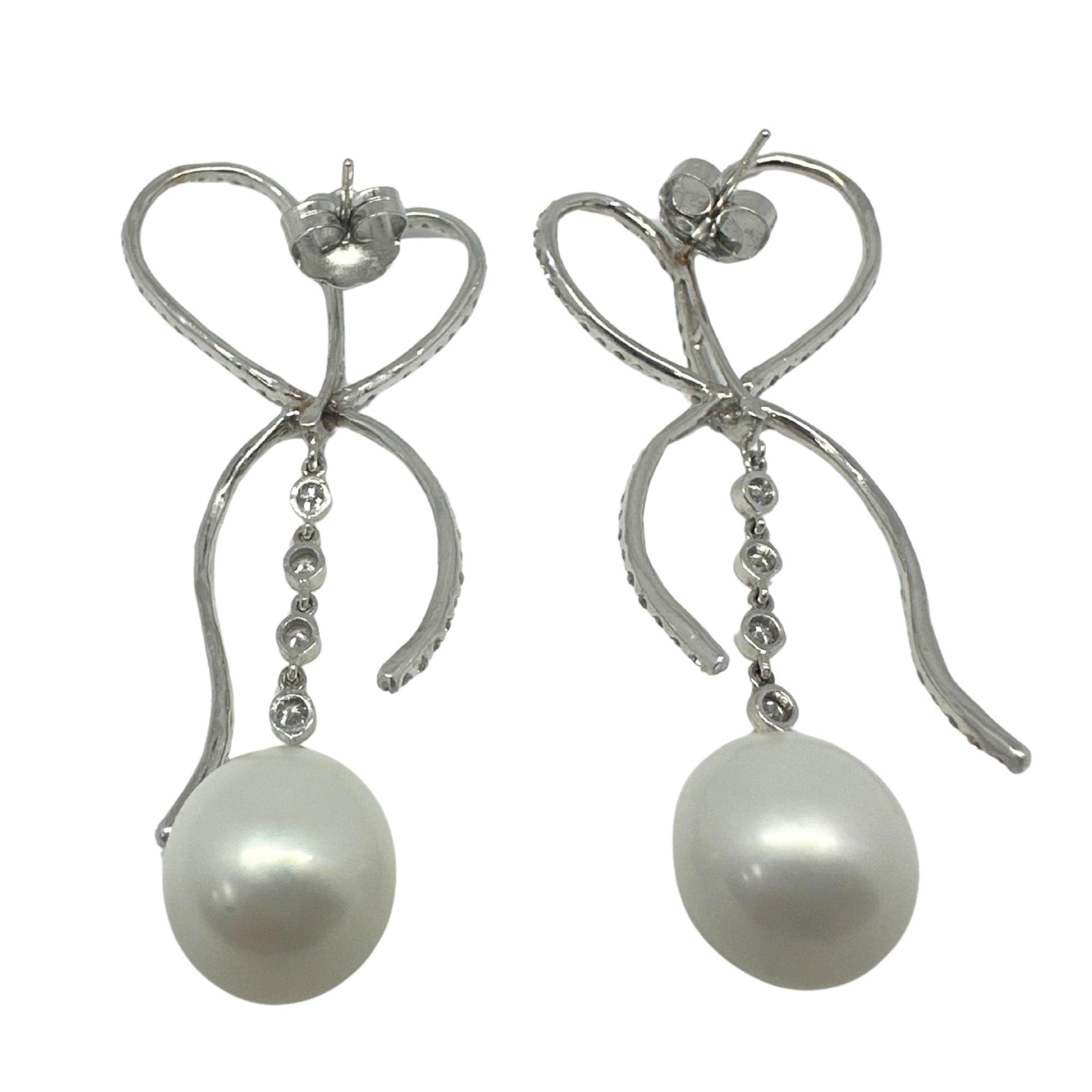 18K White Gold Diamond and Pearl Bow Earrings