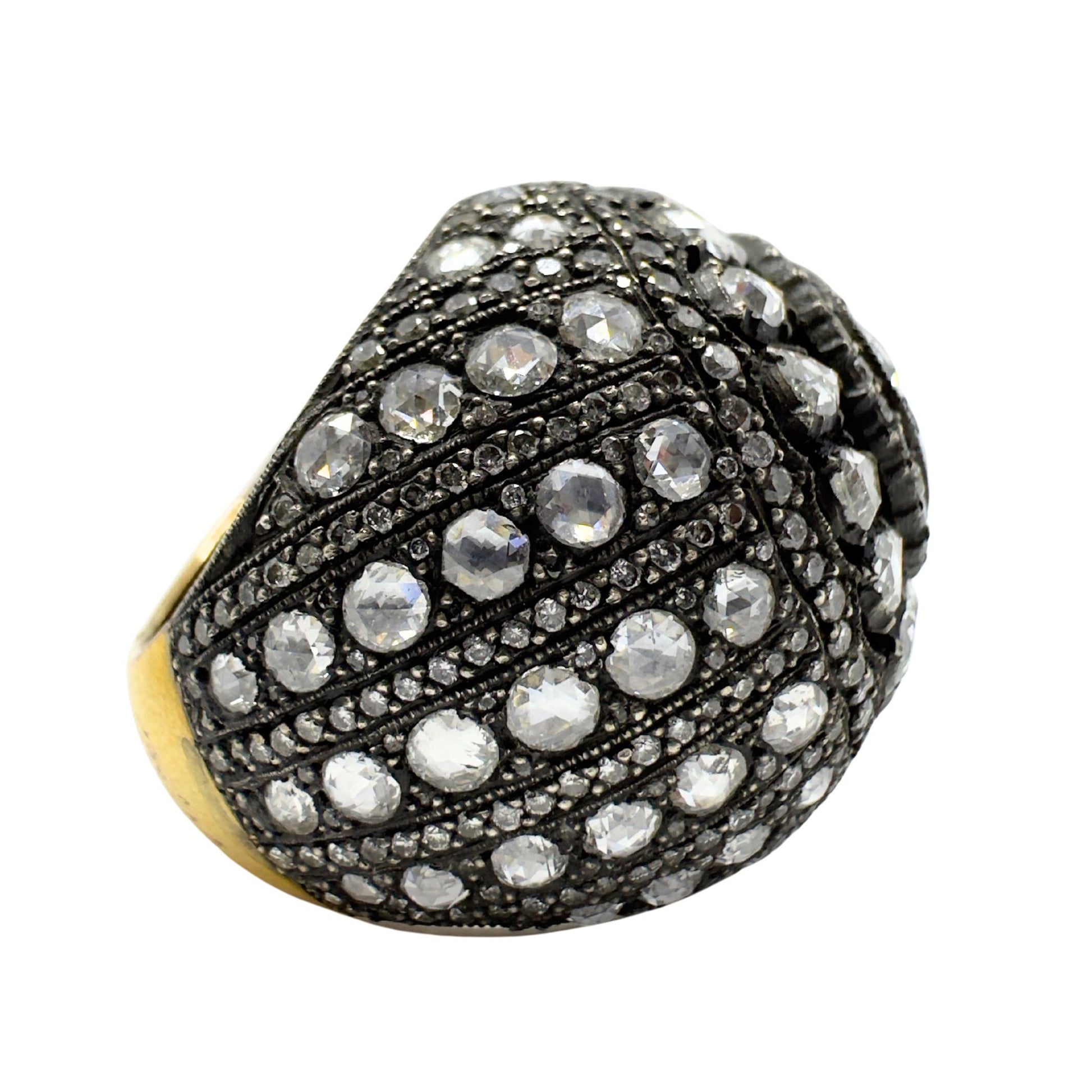 Bold and Heavy 18K Yellow Gold and Silver Top Rose Cut Diamond Cocktail Ring