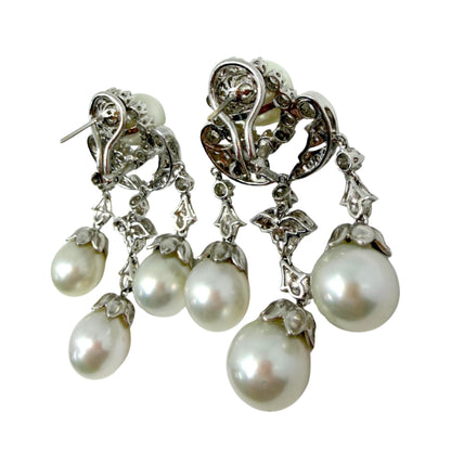 18K White Gold Edwardian Inspired Diamond and Pearl Chandelier Earrings