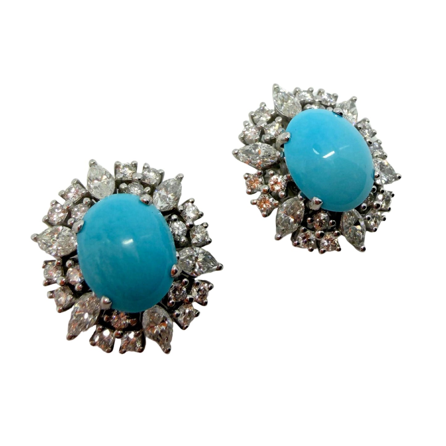 Platinum Marquise Cut 1.75 carat Diamond and Oval Turquoise Halo Stud Earrings
