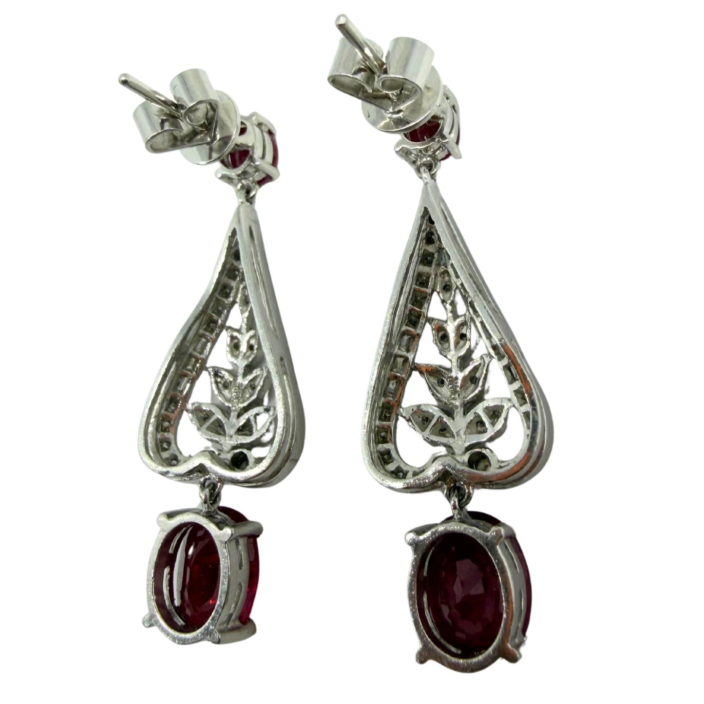 Platinum 4.98 Carat Ruby and Diamond Leaf Motif Drop Earrings with 18K Backs