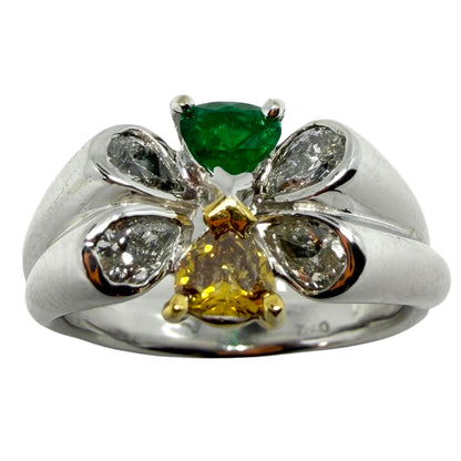 18k Pear Cut White and Yellow Diamond, and Emerald Butterfly Band Ring