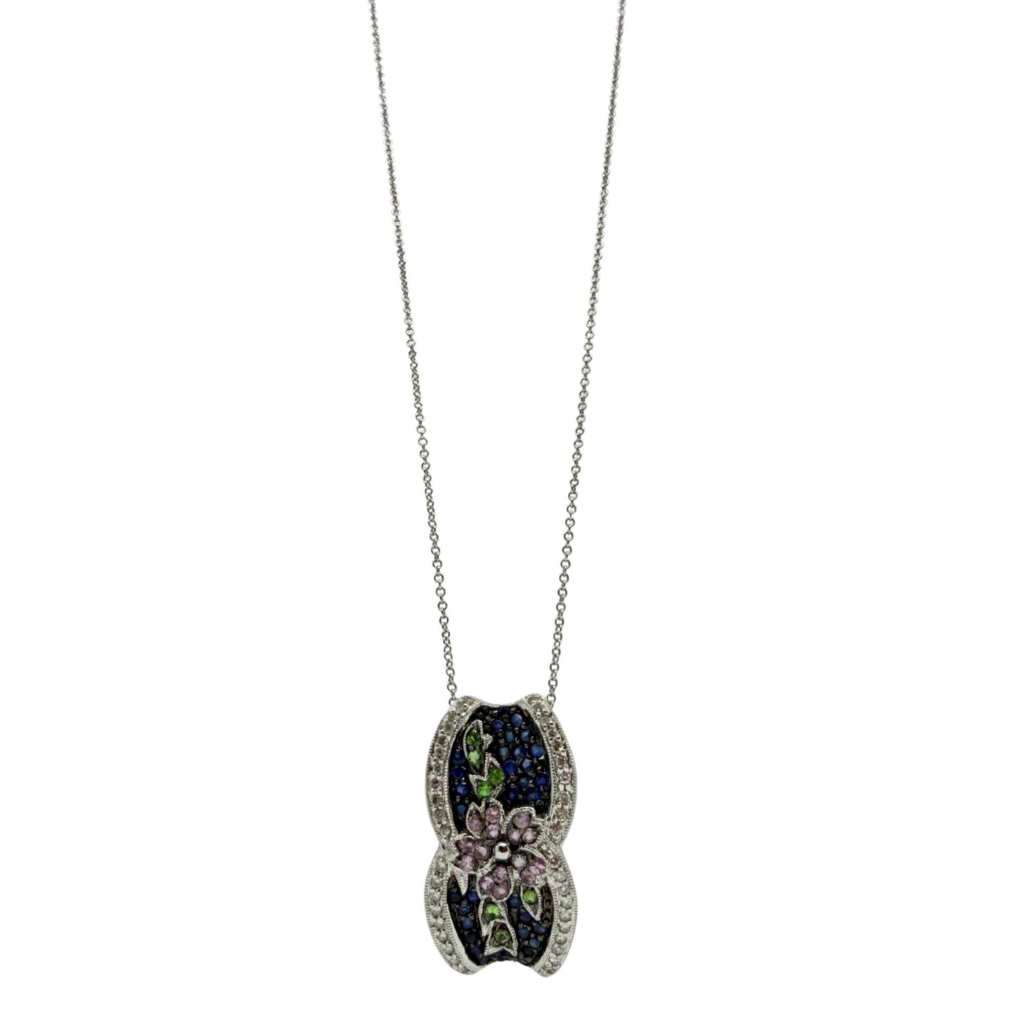 18K White Gold Sapphire, Garnet Tsavorite and Diamond Floral Pendant Necklace