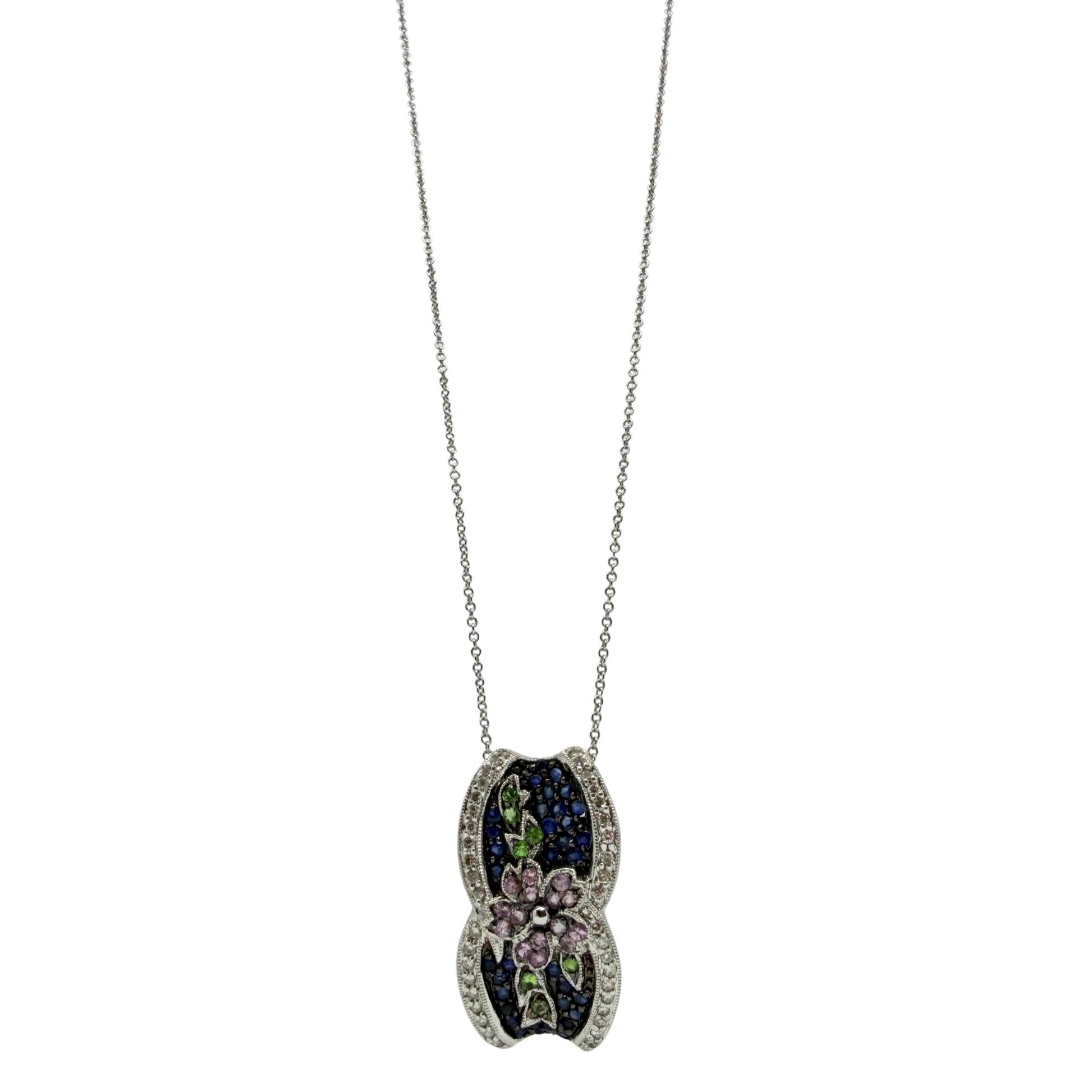 18K White Gold Sapphire, Garnet Tsavorite and Diamond Floral Pendant Necklace