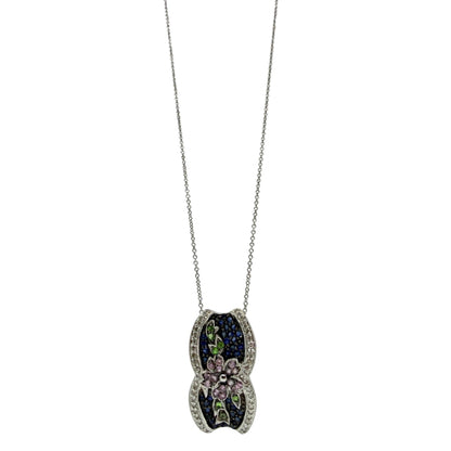 18K White Gold Sapphire, Garnet Tsavorite and Diamond Floral Pendant Necklace