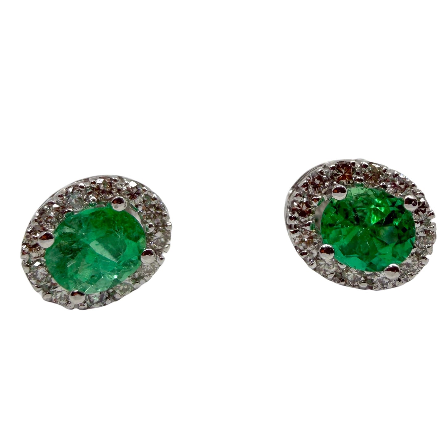 18K White Gold Diamond and .76 Carat Oval Emerald Cluster Stud Earrings