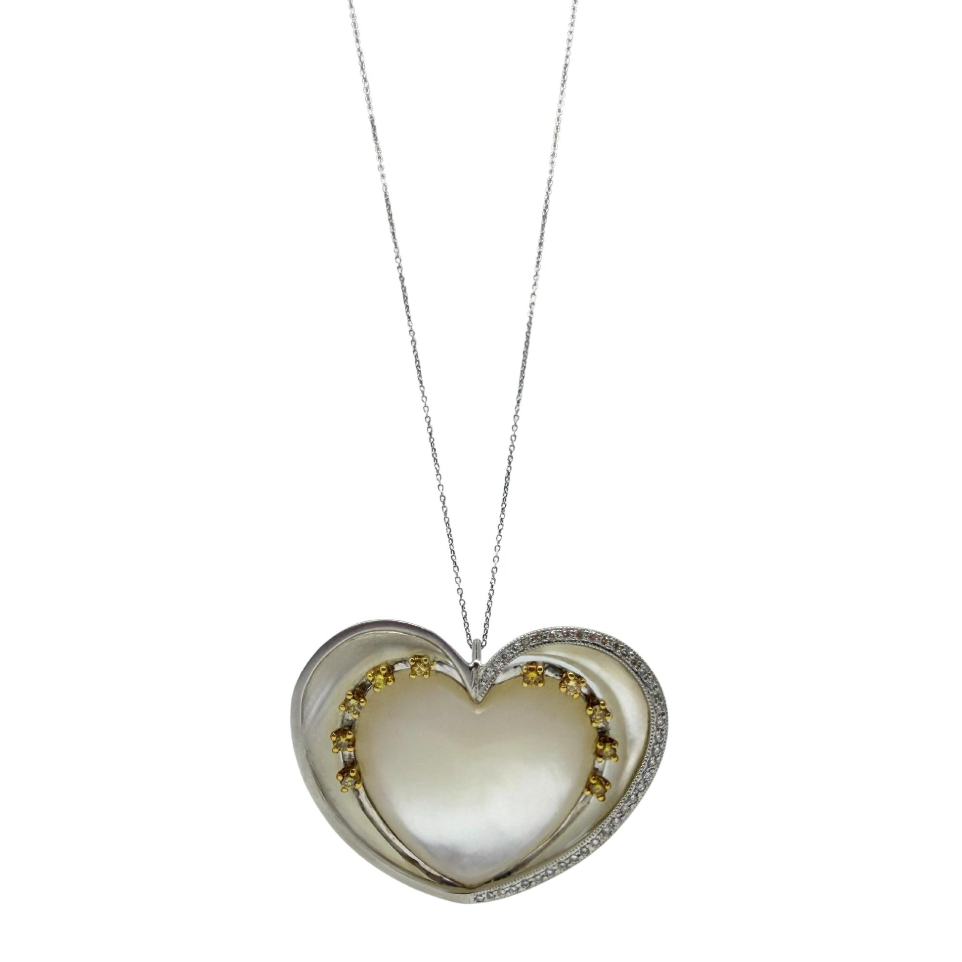 14K Two Tone Diamond, Mother of Pearl and Yellow Sapphire Heart Necklace