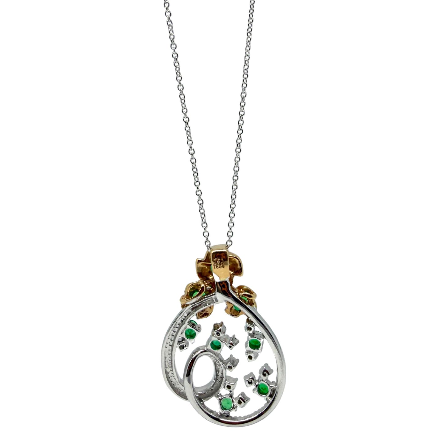 18K Two Tone Diamond and Emerald Teardrop Floral Pendant Necklace