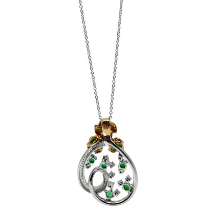 18K Two Tone Diamond and Emerald Teardrop Floral Pendant Necklace