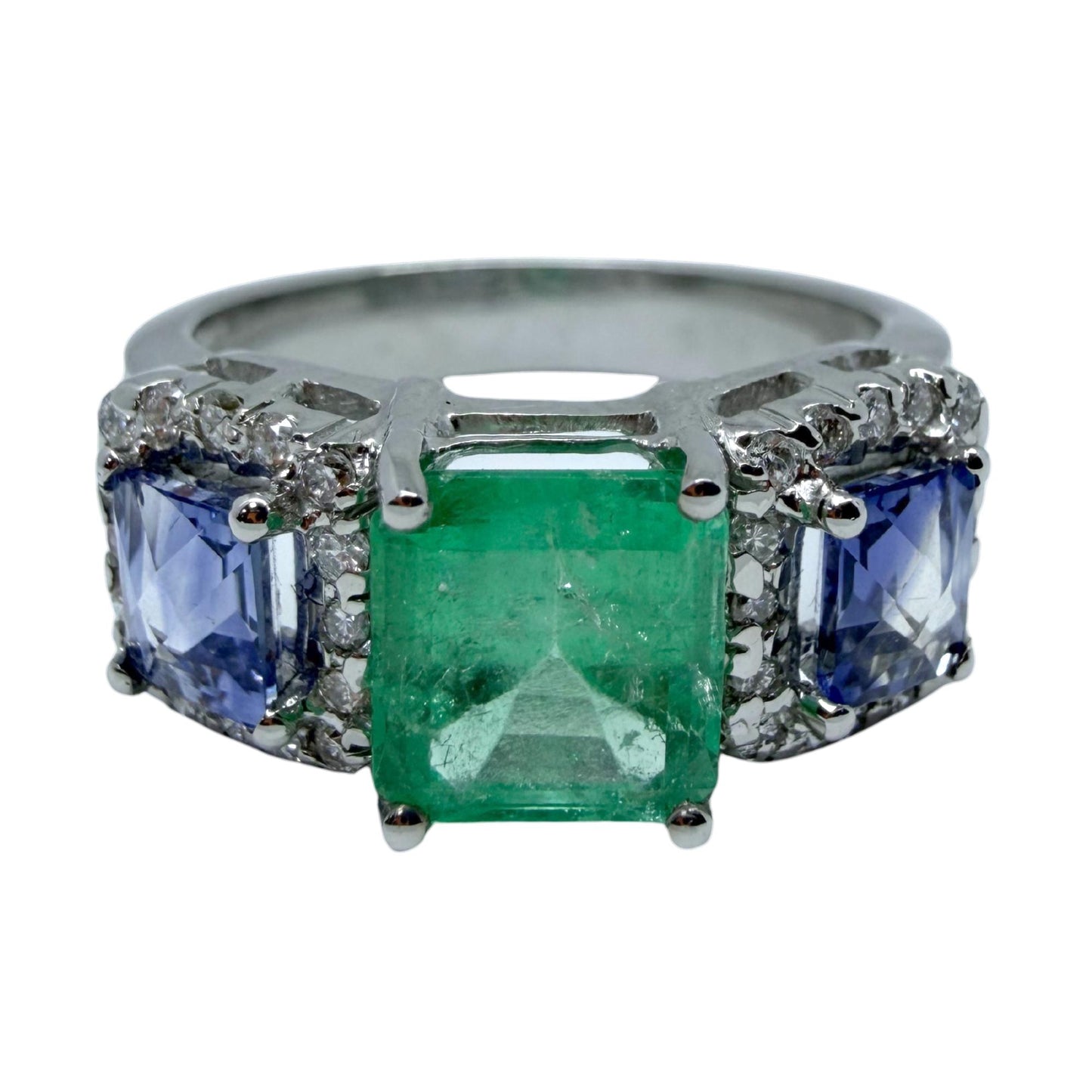 18K White Gold Emerald, Sapphire and Diamond Wide Band Ring