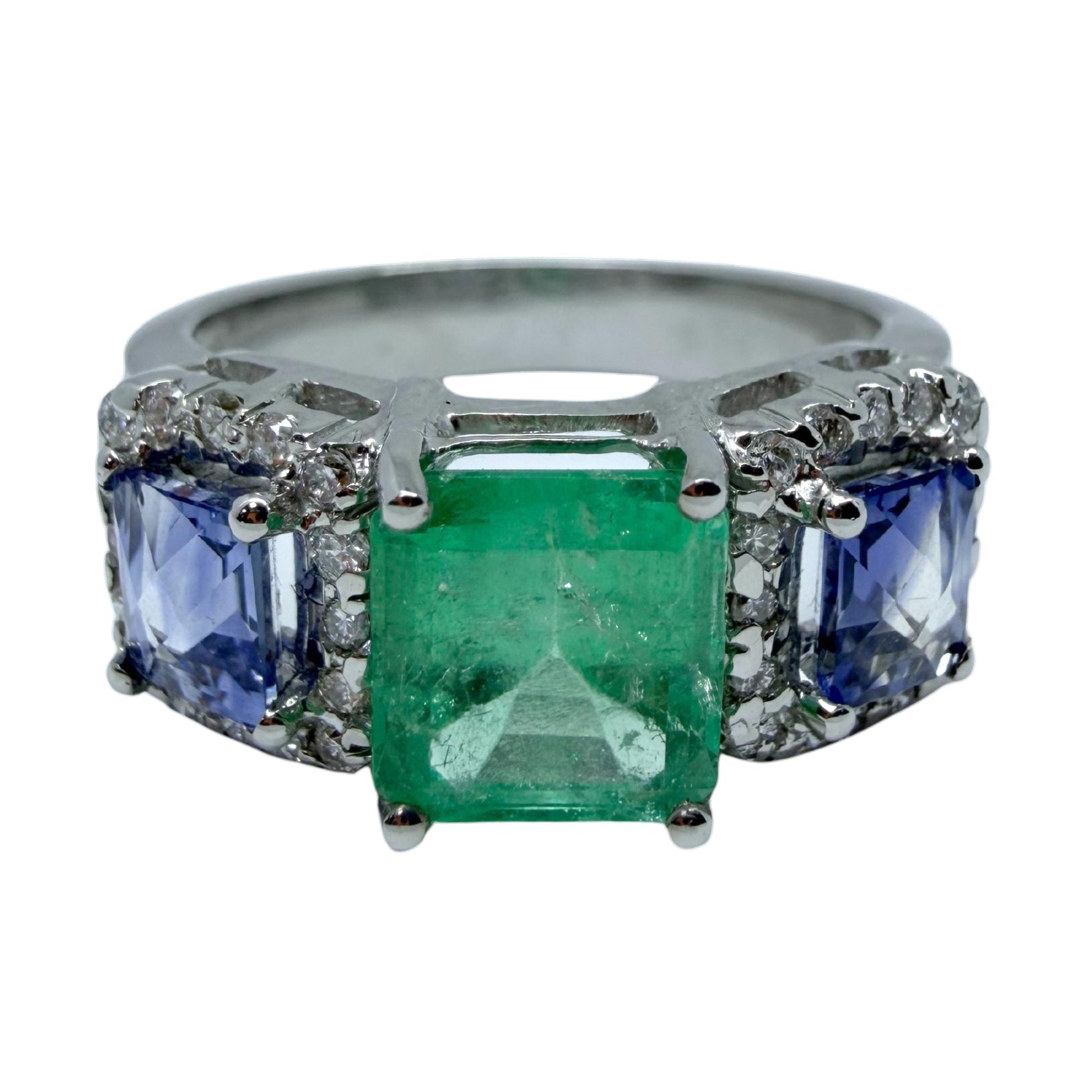 18K White Gold Emerald, Sapphire and Diamond Wide Band Ring