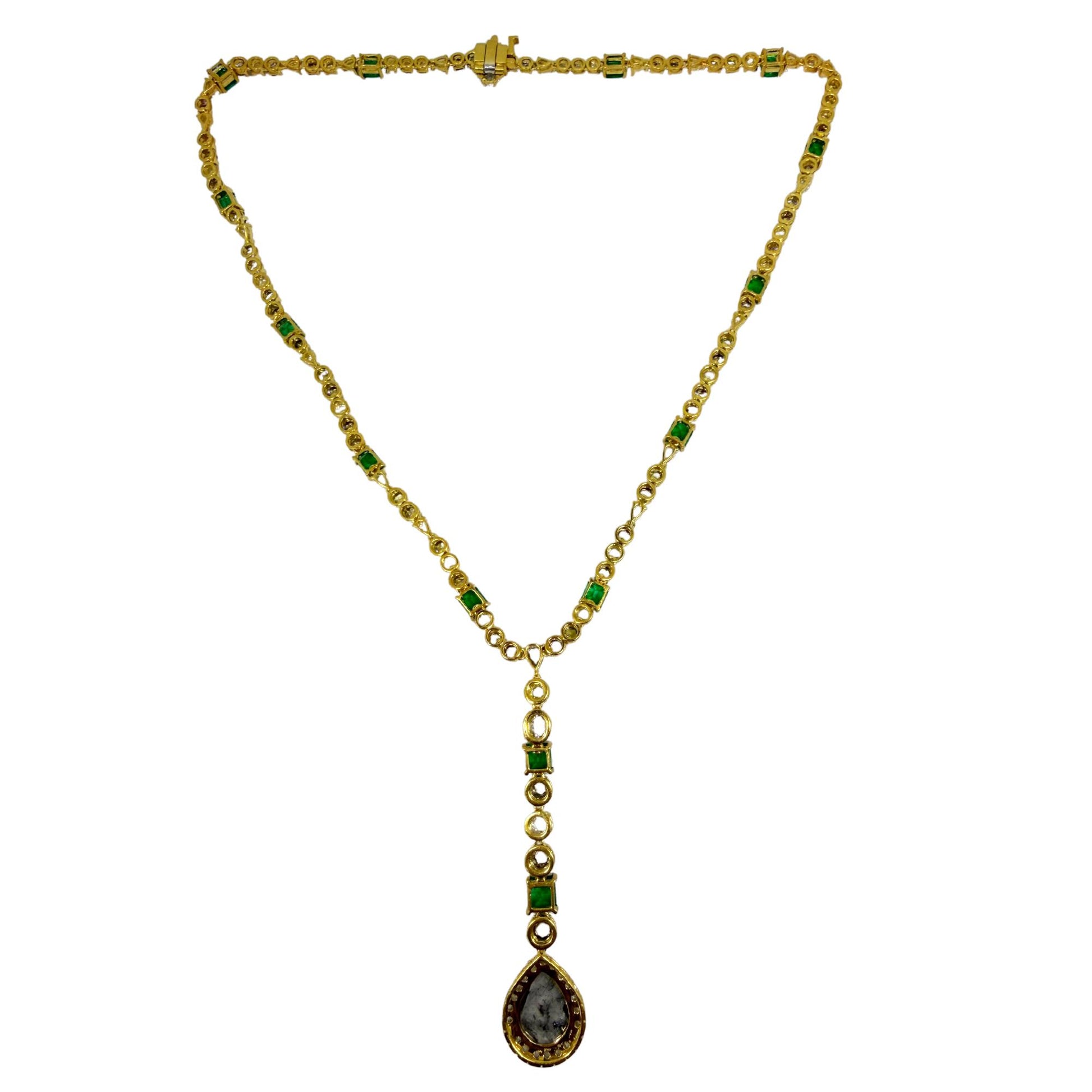 18k Yellow Gold Emerald, and Multicolor Diamond Y Drop Necklace