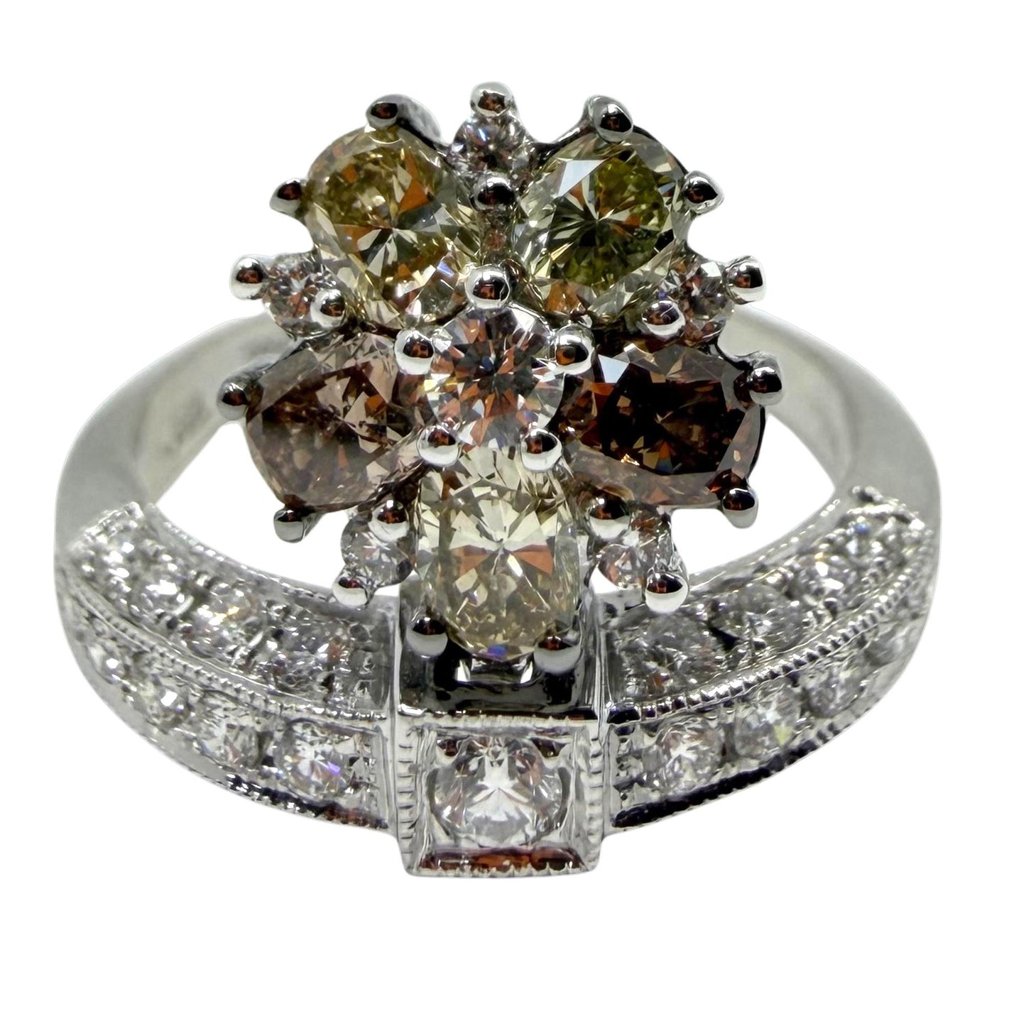 18k White Gold White and Brown Diamond Tiara Ring