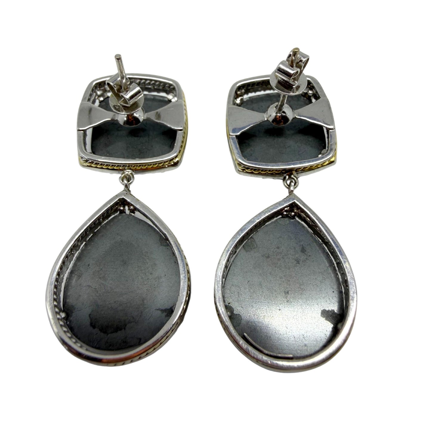18K White and Yellow Gold Diamond and Checkered Hematite Earrings