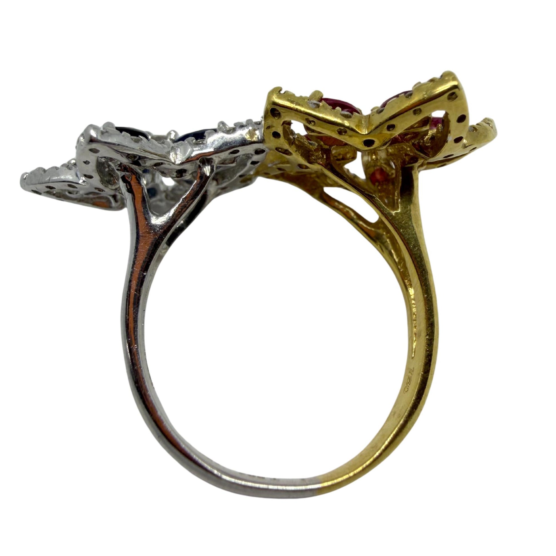 18K Two Tone Marquise Sapphire, Ruby and Diamond Bypass Floral Ring