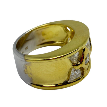 18k Two Tone Trillion Cut Diamond Wide Band Ring with Abstract Design