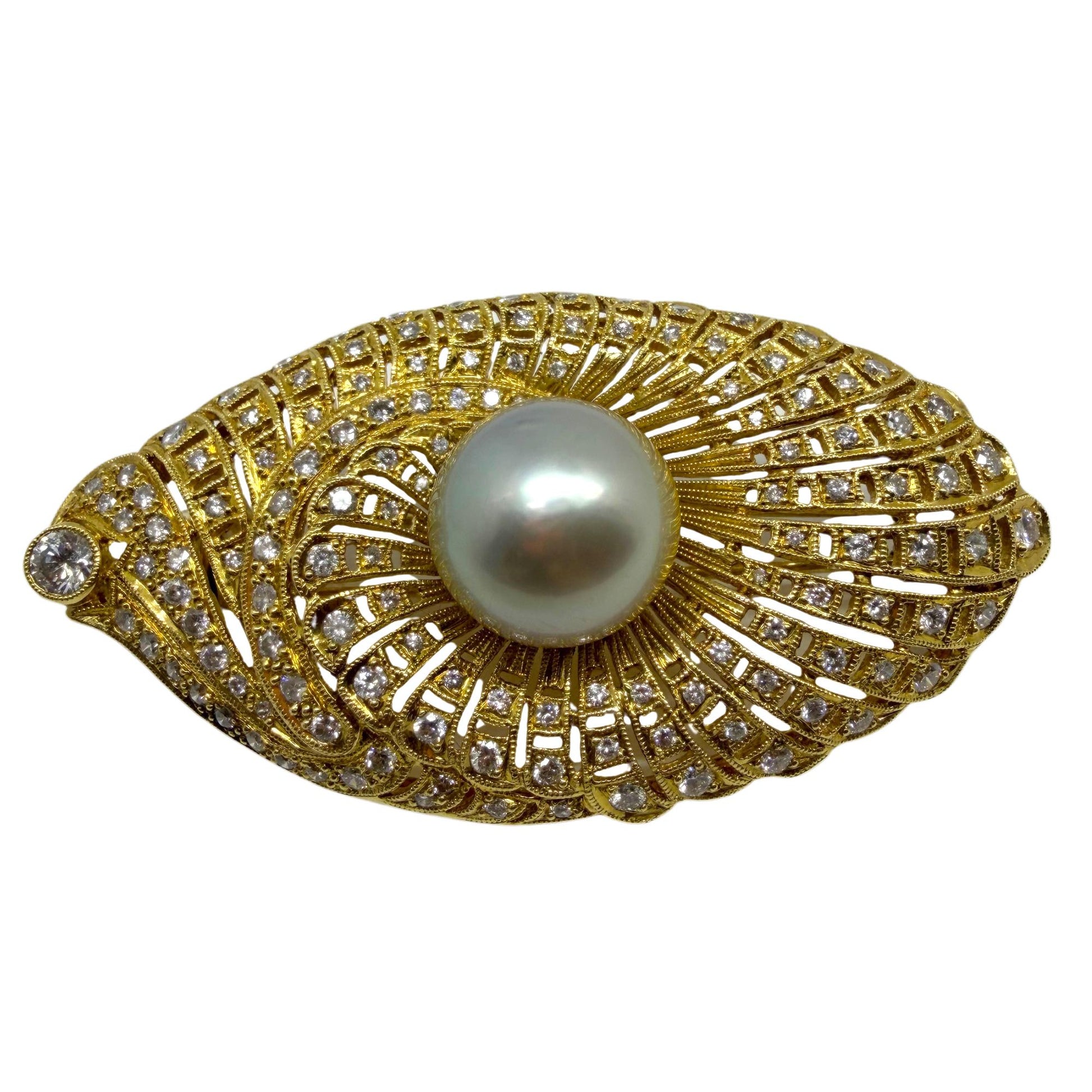 Art Deco Inspired 18K Yellow Gold Diamond and South Sea Pearl Brooch