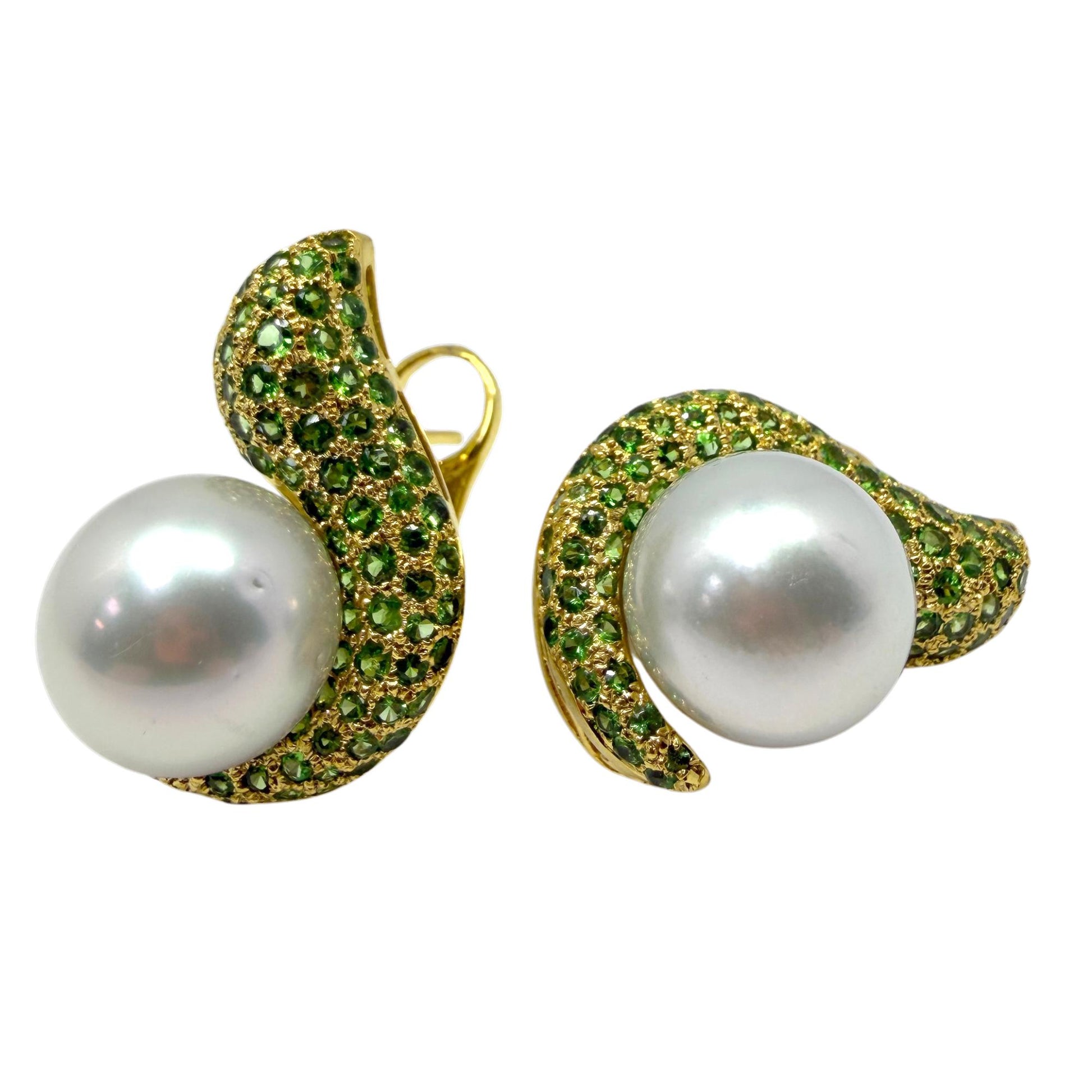 18k Yellow Gold Green Garnet and Pearl Earrings