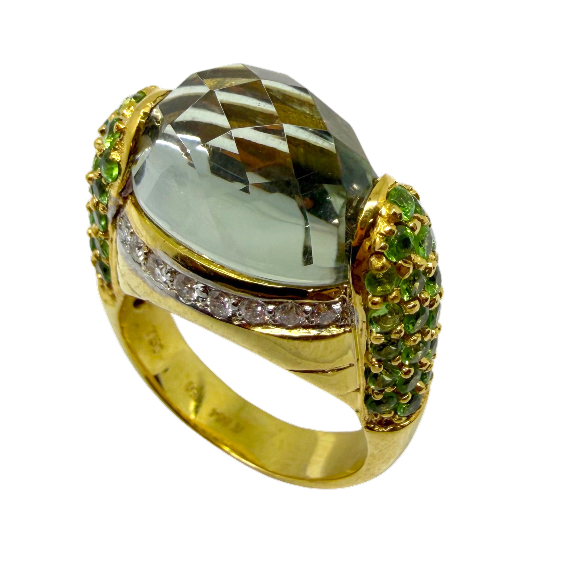 18K Yellow Gold Diamond, Green Garnet and Checkered Green Gemstone Cocktail Ring