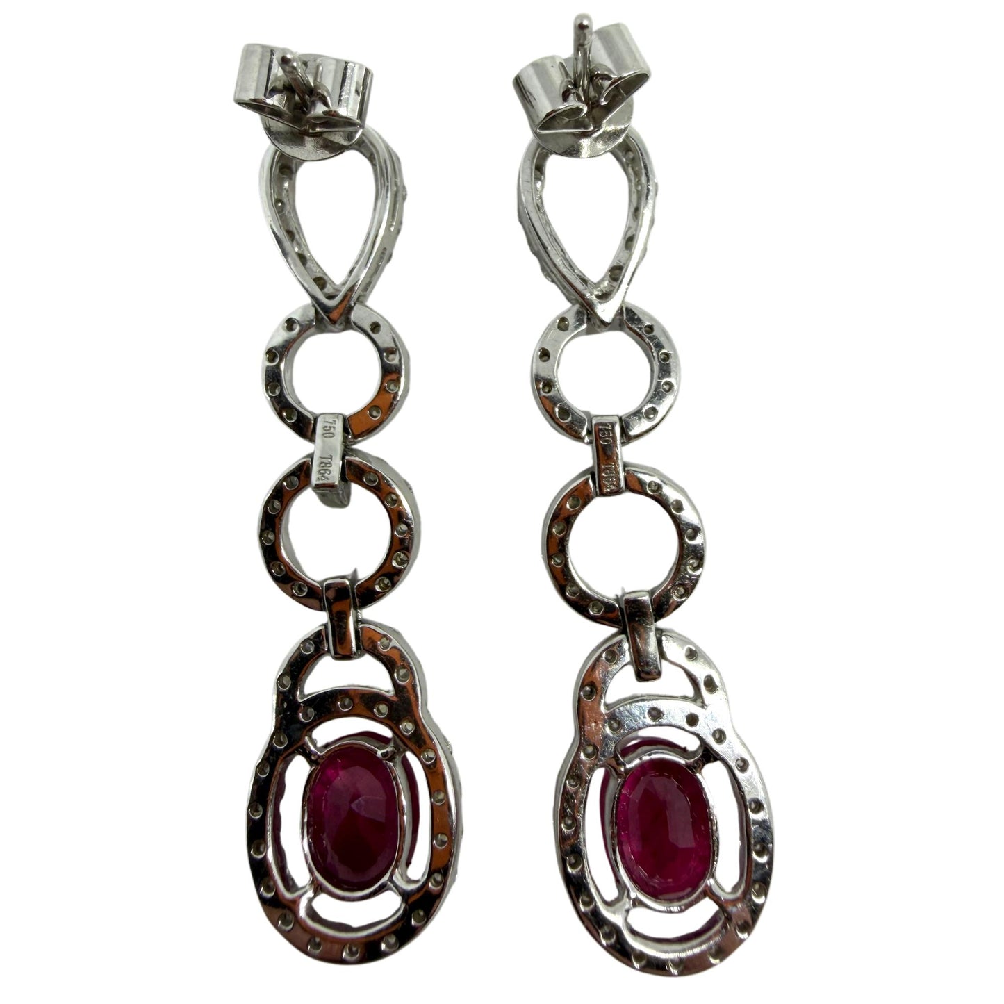 18K White Gold 3.44 Carat Oval Ruby and Diamond Drop Earrings