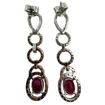 18K White Gold 3.44 Carat Oval Ruby and Diamond Drop Earrings