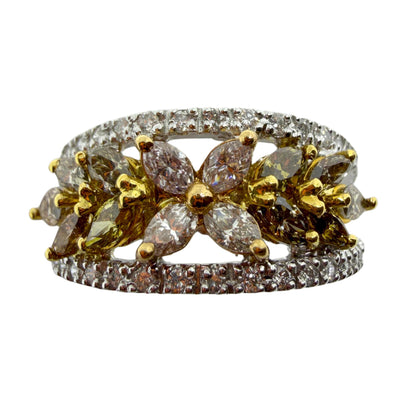 18K Two Tone Marquise Cut Pink, Yellow and White Diamond Flower Band Ring