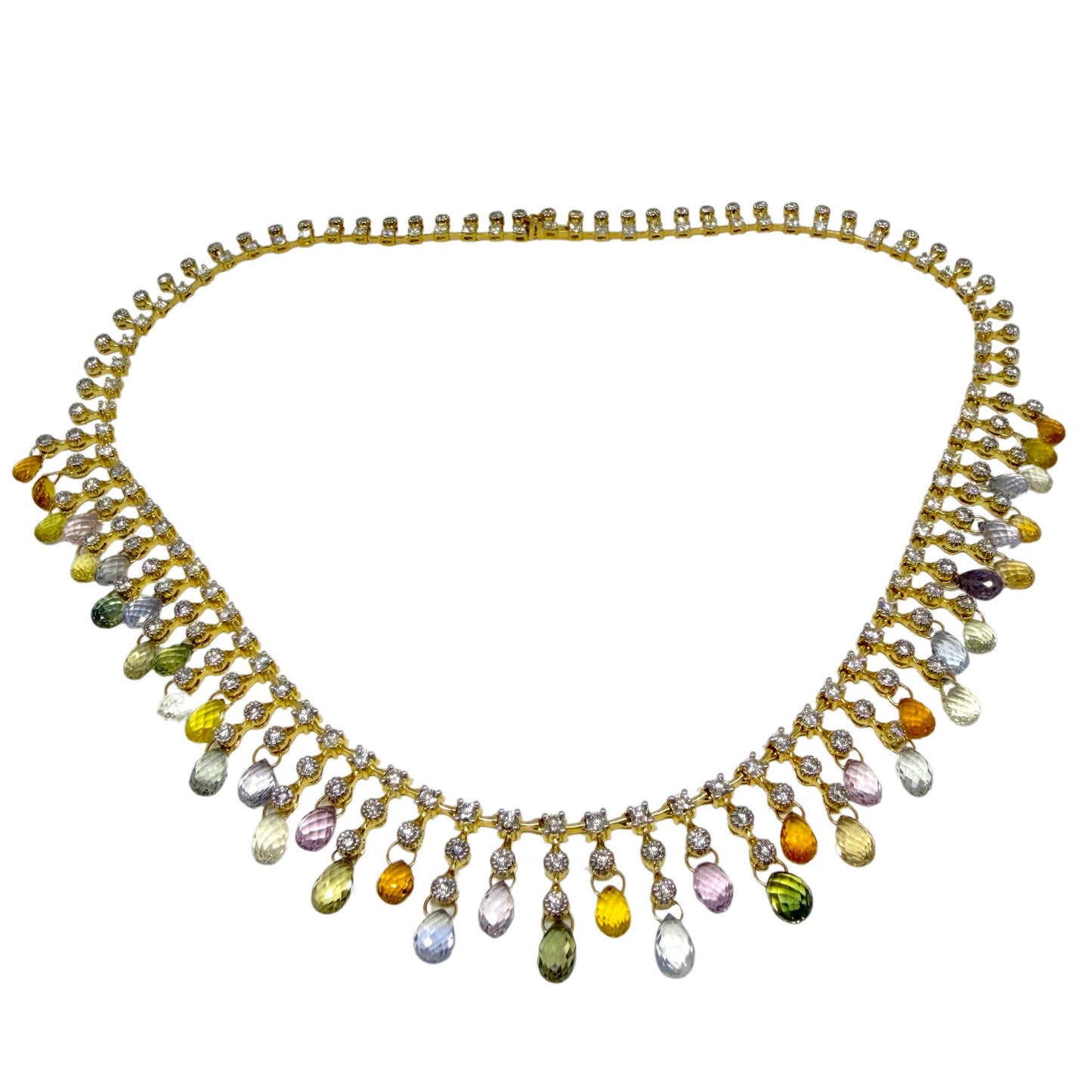 18K Yellow Gold Diamond and Briolette Multicolor Sapphire Necklace