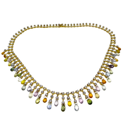 18K Yellow Gold Diamond and Briolette Multicolor Sapphire Necklace