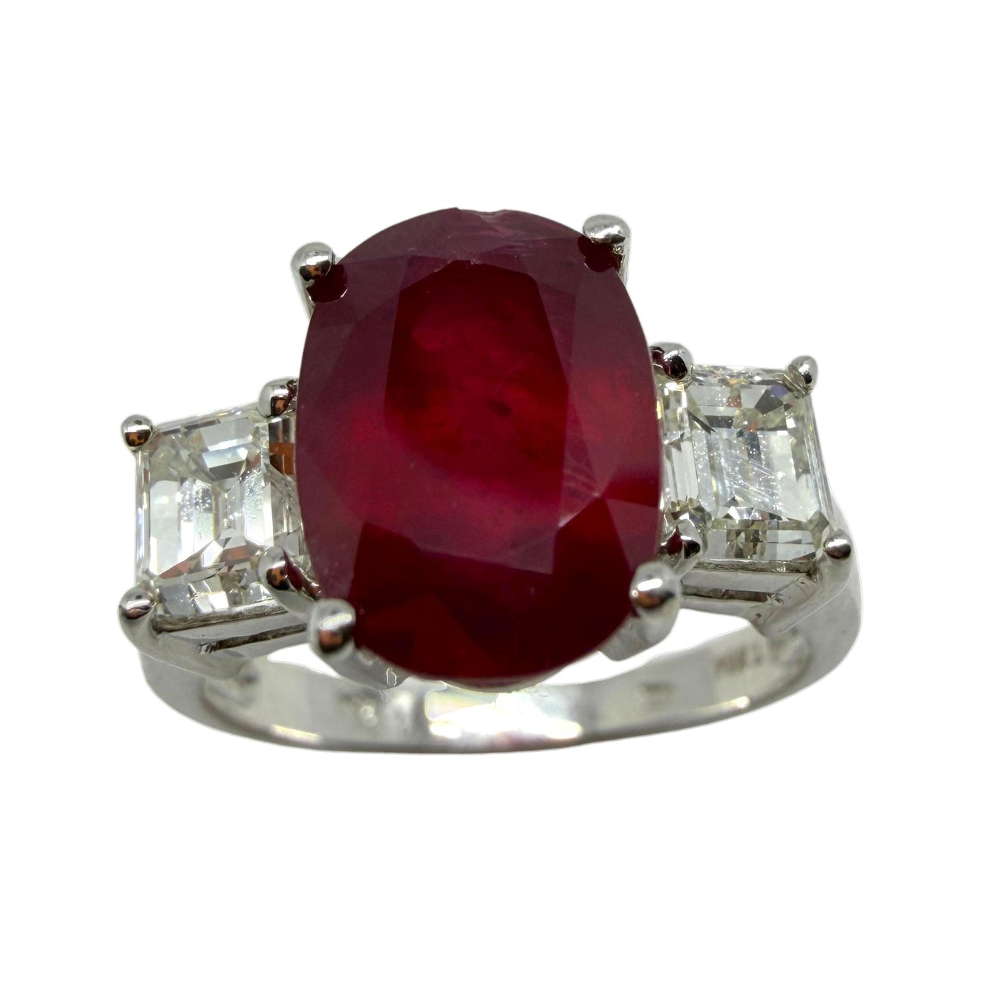 18K White Gold Asscher Cut Diamond and African Ruby Three Stone Ring - Size 6.75