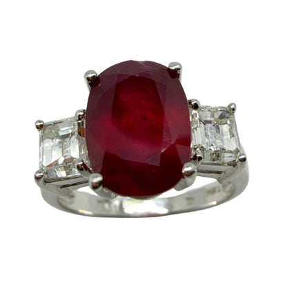 18K White Gold Asscher Cut Diamond and African Ruby Three Stone Ring - Size 6.75